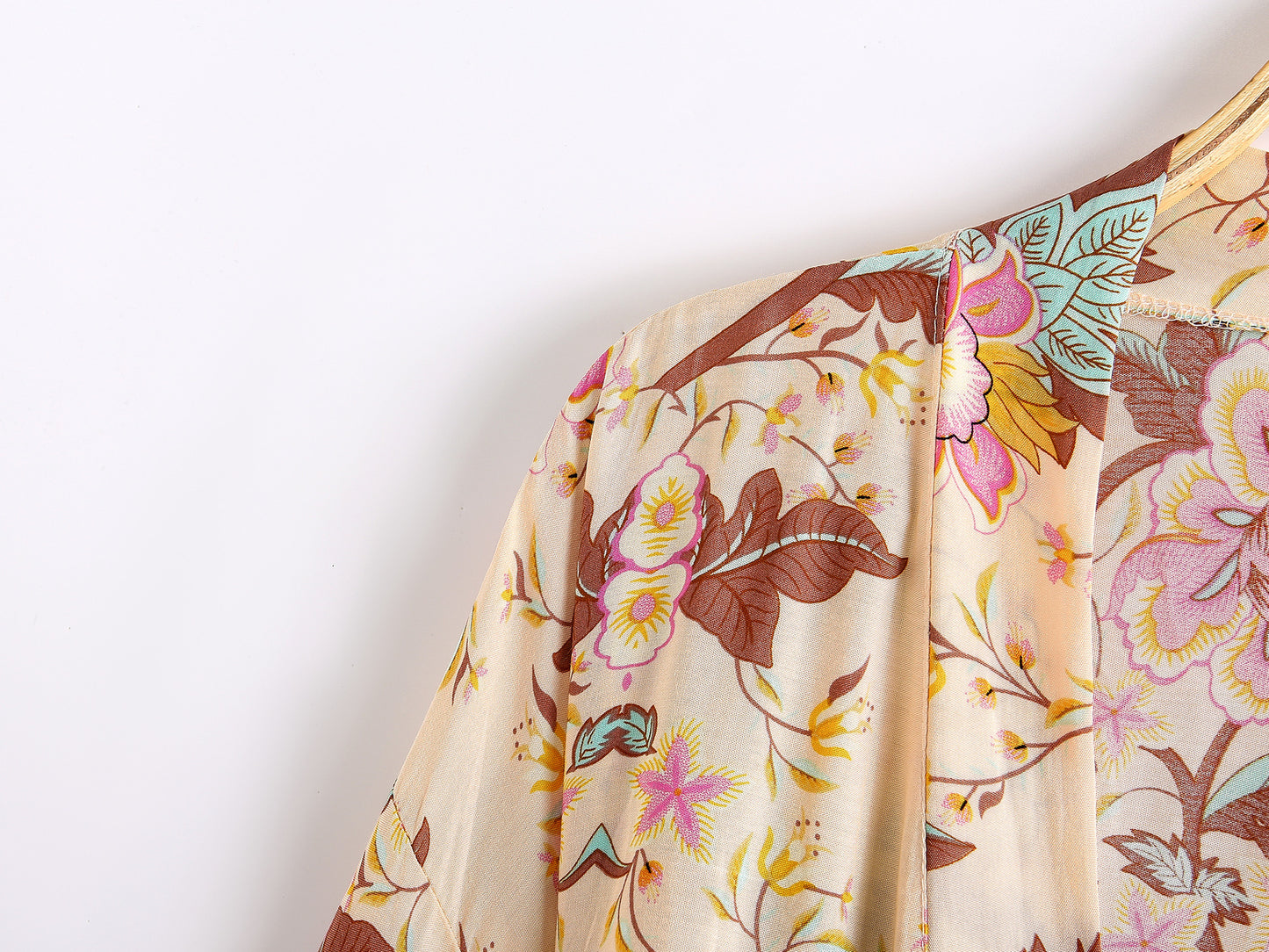 Women's Bohemian Style Yellow Pink Floral Print Kimono Robe