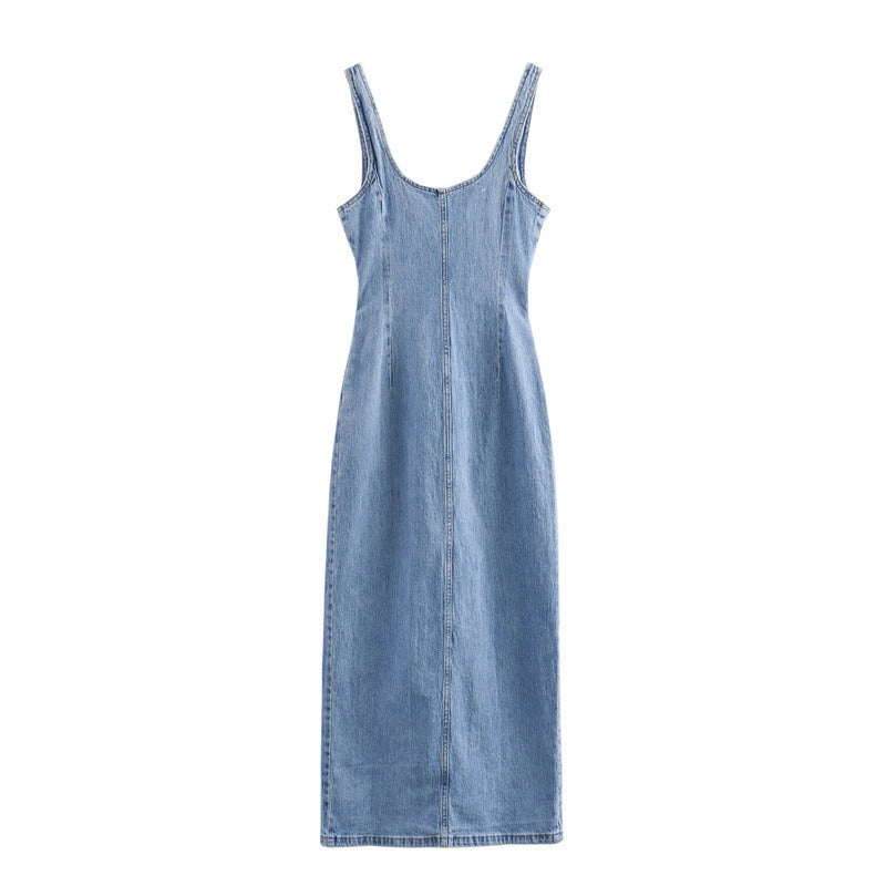 Women's Denim Fitted Dress Sleeveless Scoop Neck Button Front Midi Length