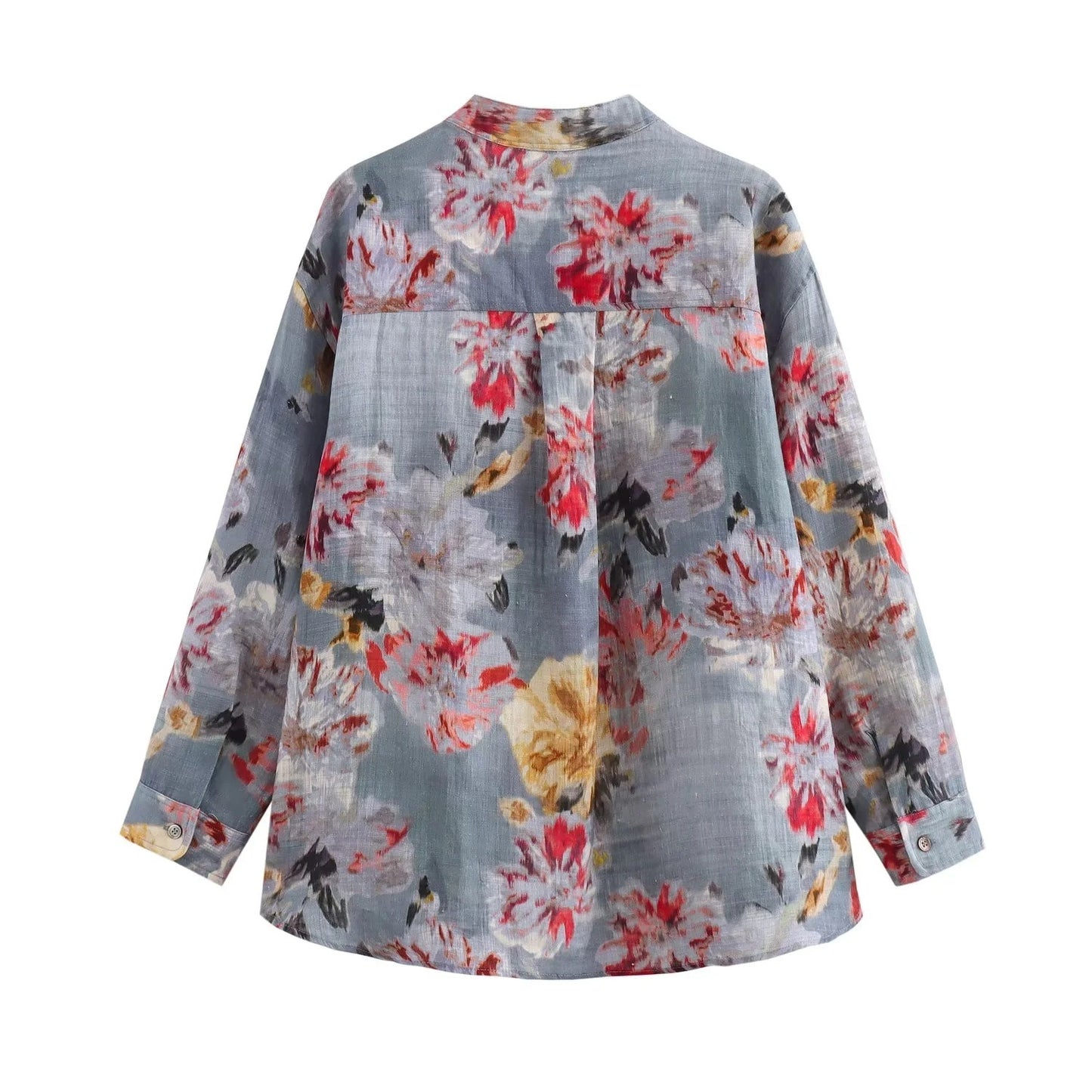 Women's Floral Print Linen Style V Neck Loose Blouse