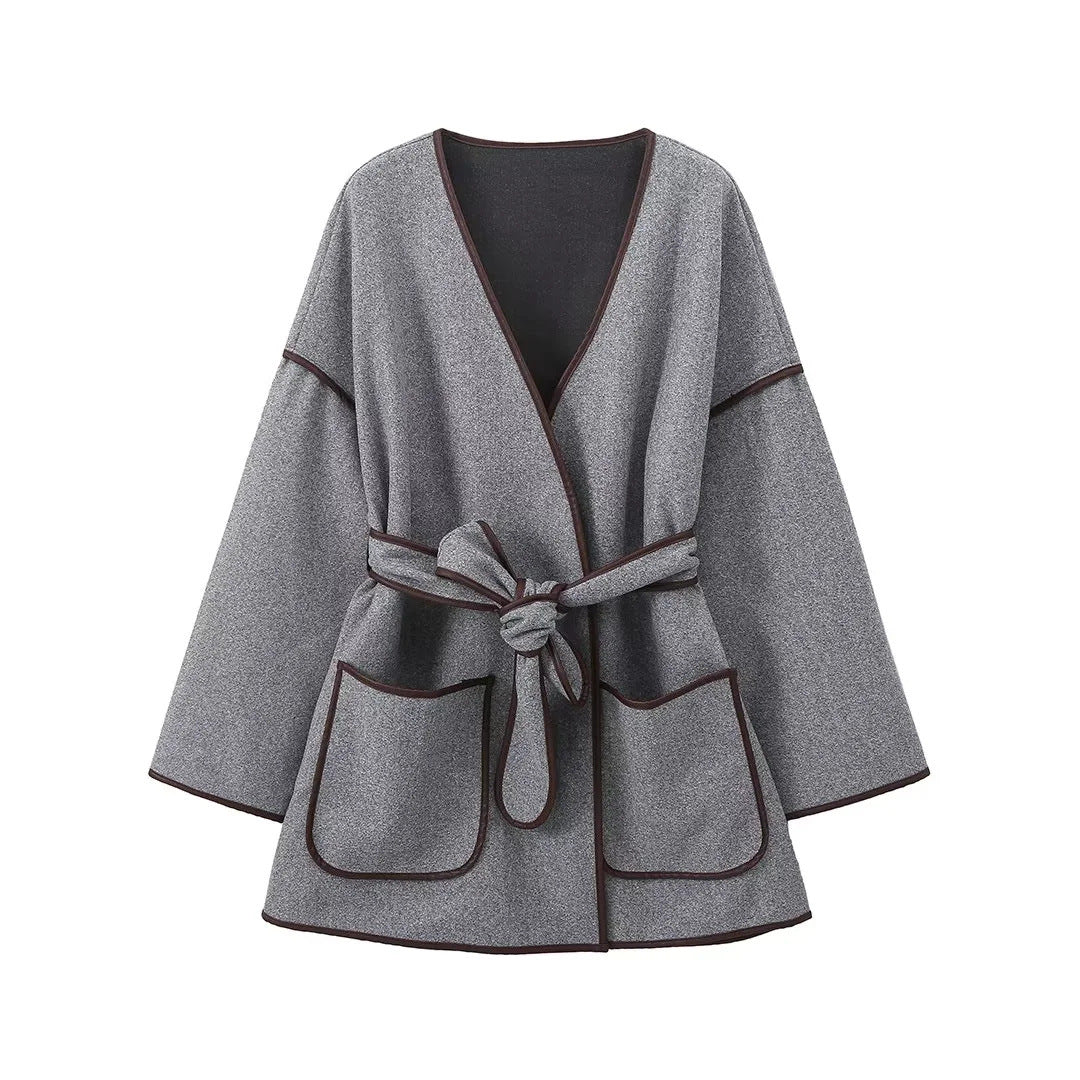 Women's Vintage Wool Contrast Trim Oversized Coat Belt Tie Waist Jacket