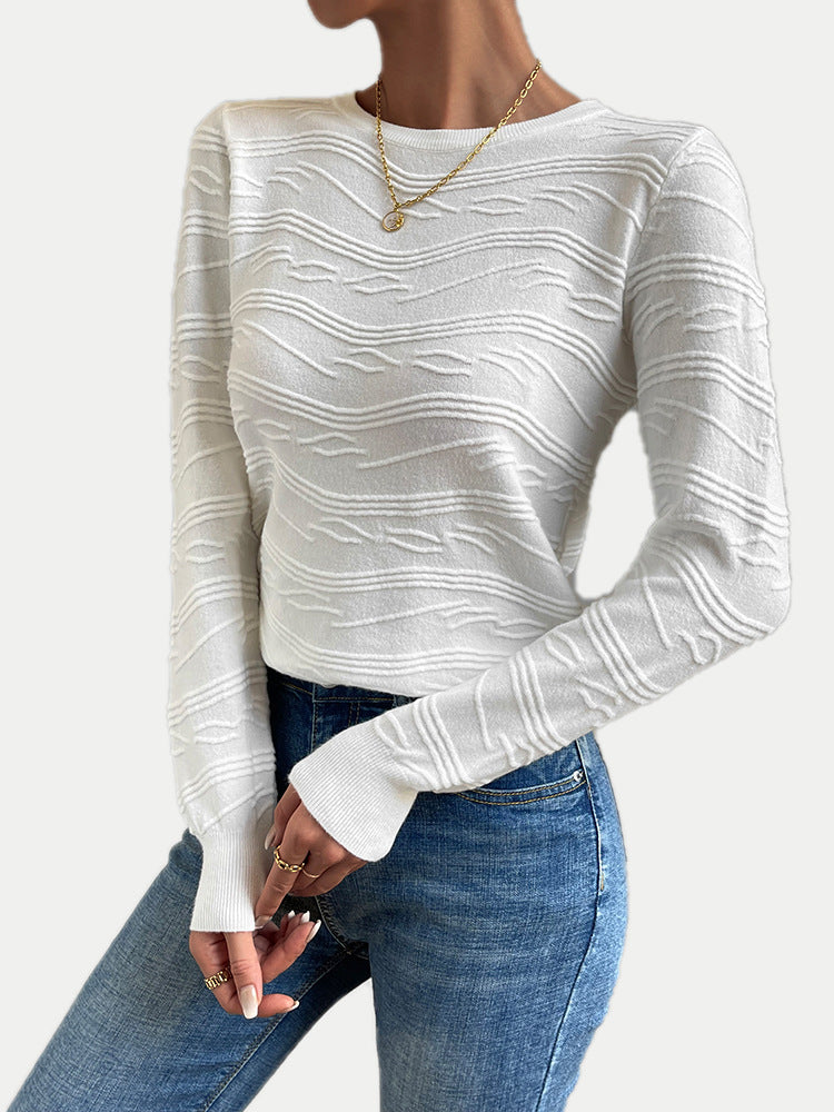 Women's White Thin Sweater Top Jacquard Knitwear Long Sleeve Round Neck Casual Fashion