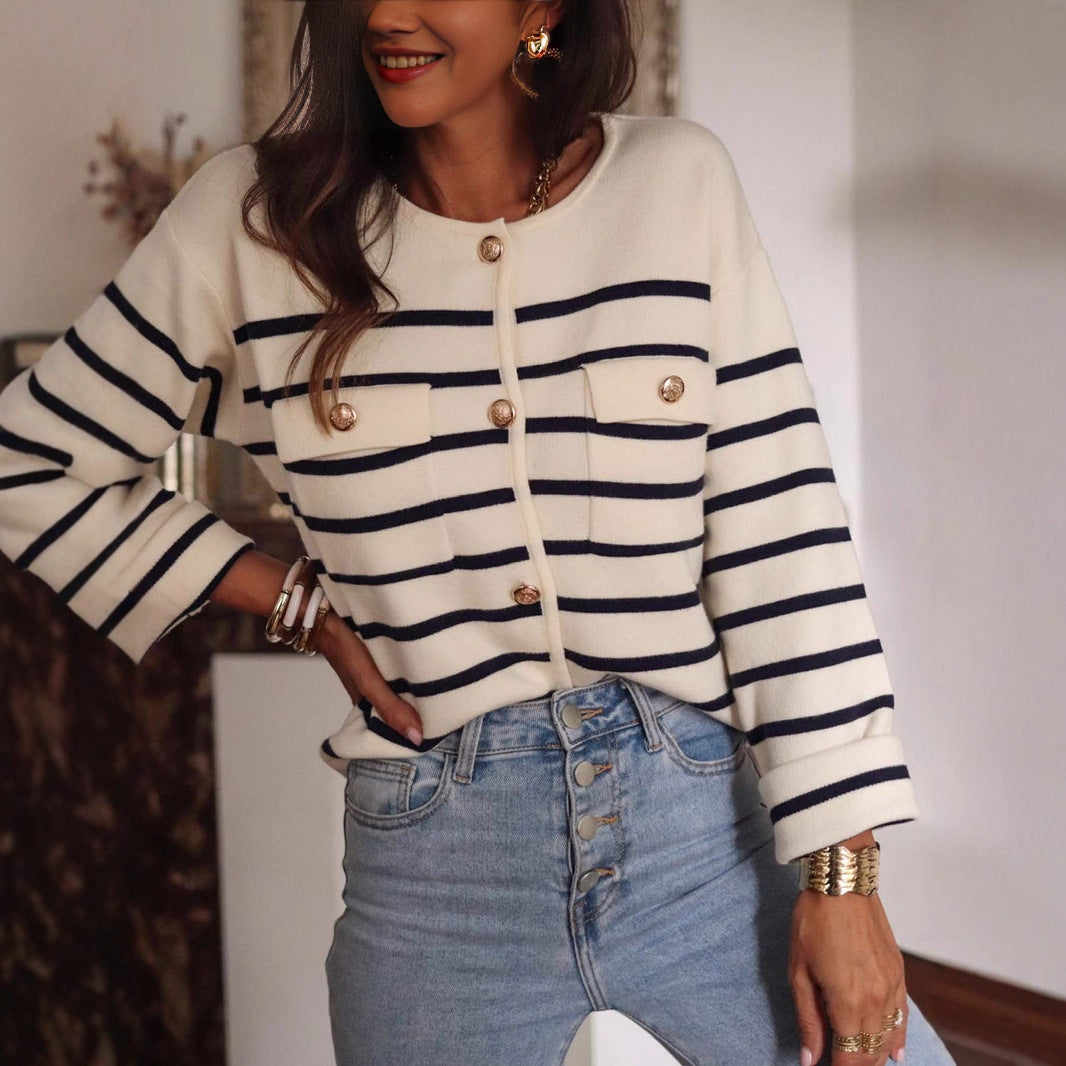 Women's Cream and Black Stripe Cardigan
