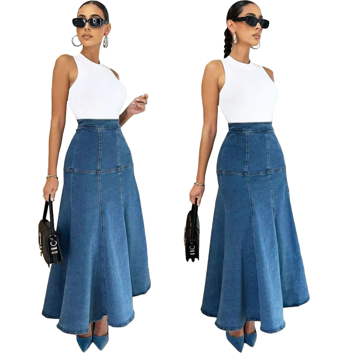 Women's Denim Maxi Flare Swing Skirt Patchwork Fitted Waist