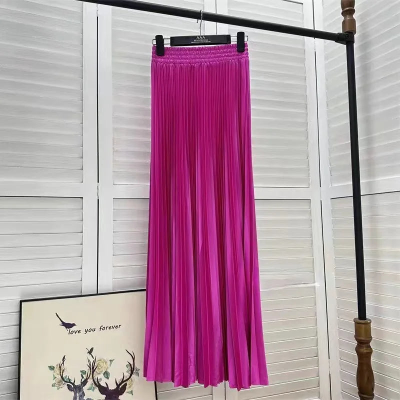 Women's Solid Colour Pleated Elastic Waist Maxi Skirt