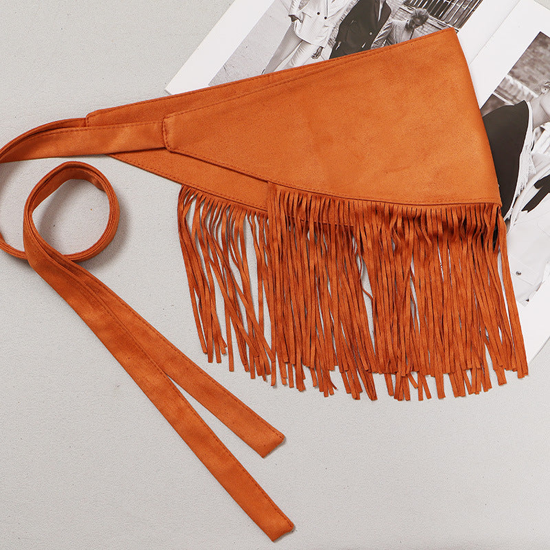 Women's Velvet Bohemian Wide Waistband Buckle Belt With Tassels