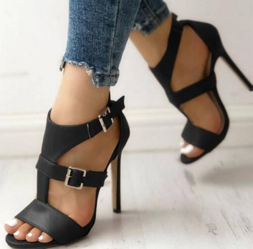 Women's Faux Leather Peep Toe Buckle Stiletto Sandals