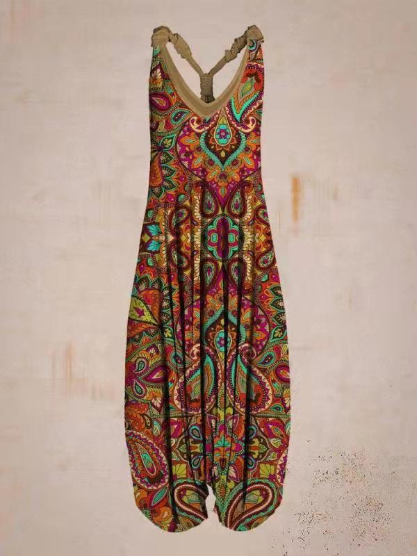 Women's Hippie Style Print Loose Wide Leg Sleeveless Racer Back Jumpsuit
