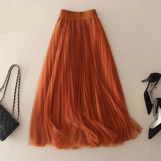 Women's Bohemian Style Mesh Pleated Midi Skirt
