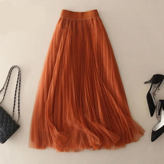 Women's Bohemian Style Mesh Pleated Midi Skirt
