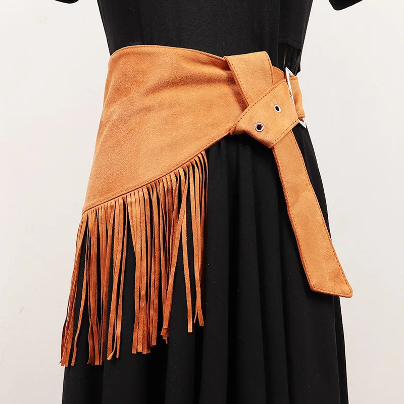 Women's Velvet Bohemian Wide Waistband Buckle Belt With Tassels