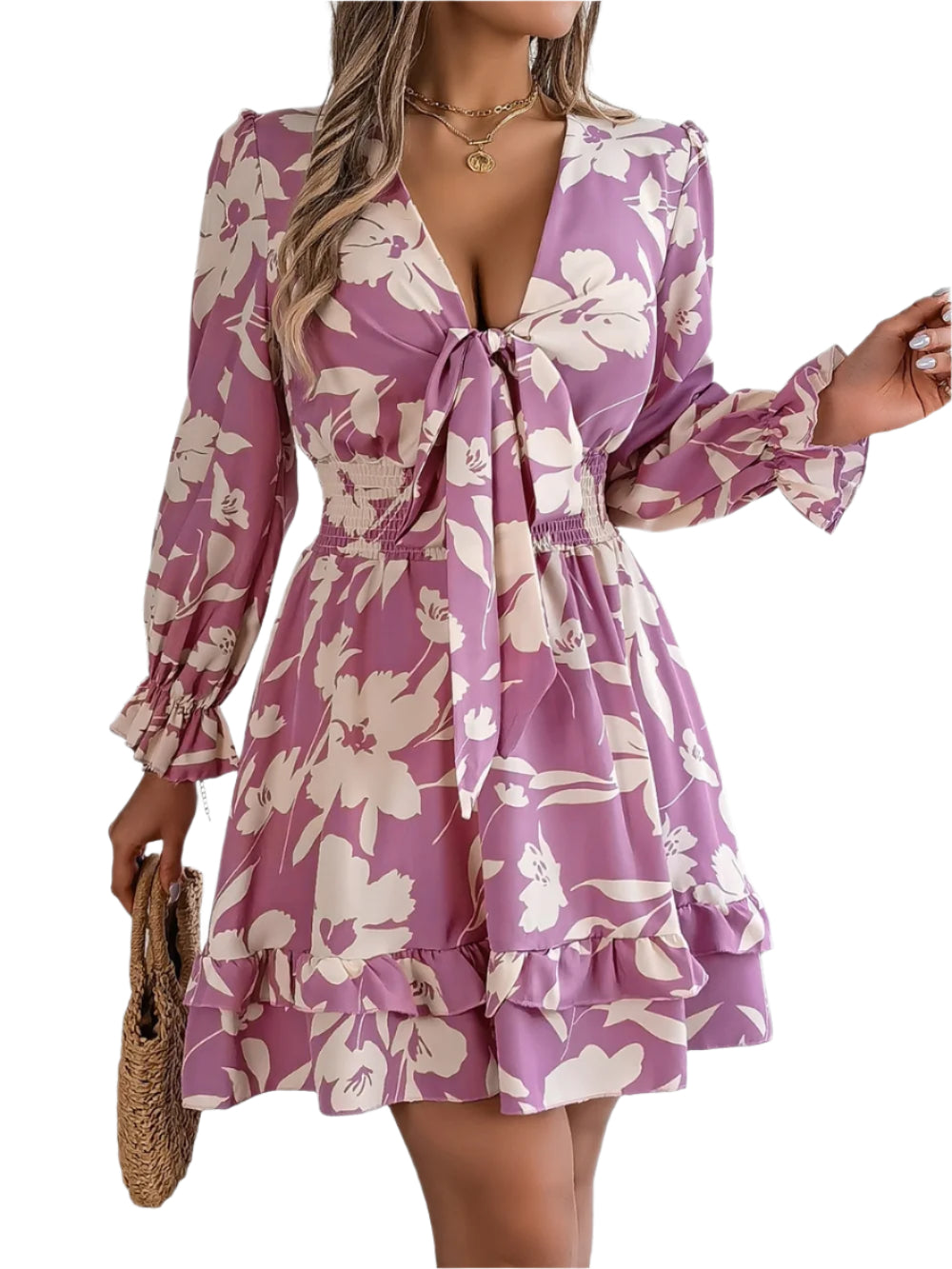 Women's Printed V Neck Tied Ruffled Long Sleeve Dress