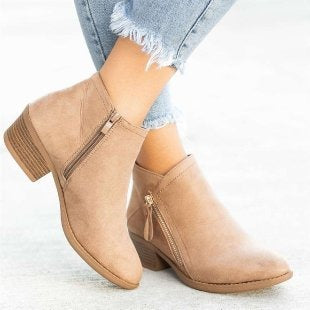 Women's Suede Ankle Boots Short Thick Heel Side Zipper