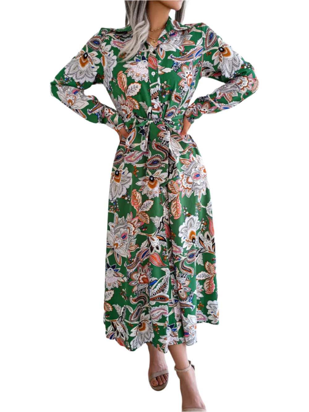 Women's Floral Printed Button Front Long Sleeve Midi Dress