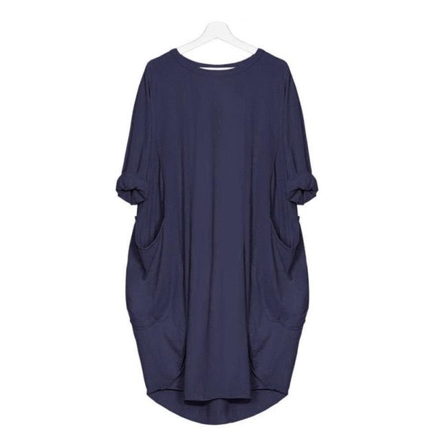 Women's Loose Fitting Dress Round Neck Knee Length with Pockets