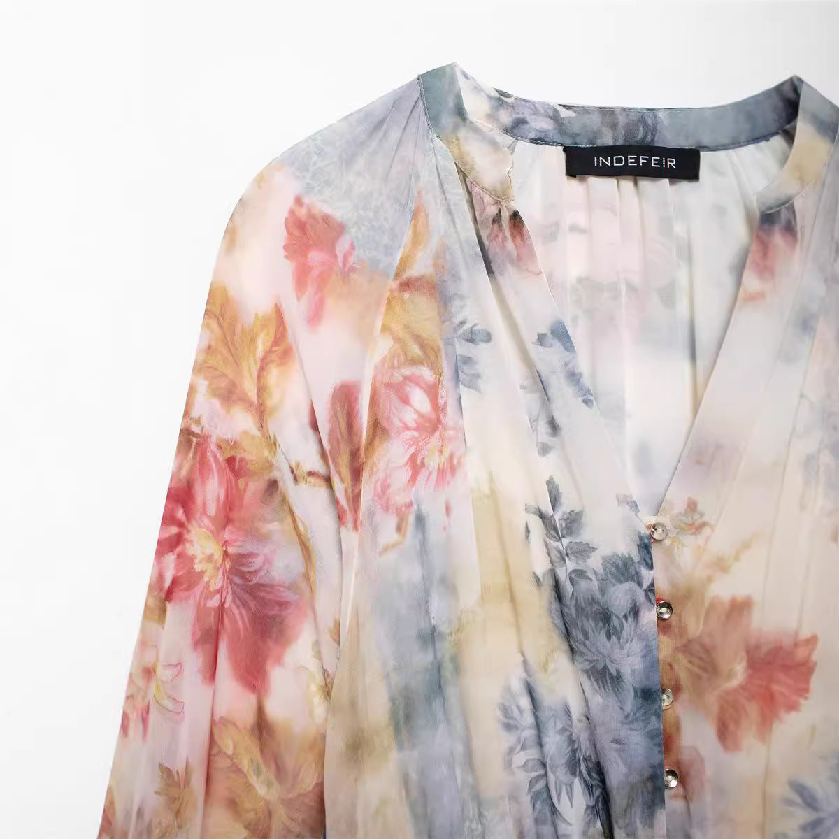 Women's Retro Floral Print V-neck Long Sleeve Fitted Waist Dress