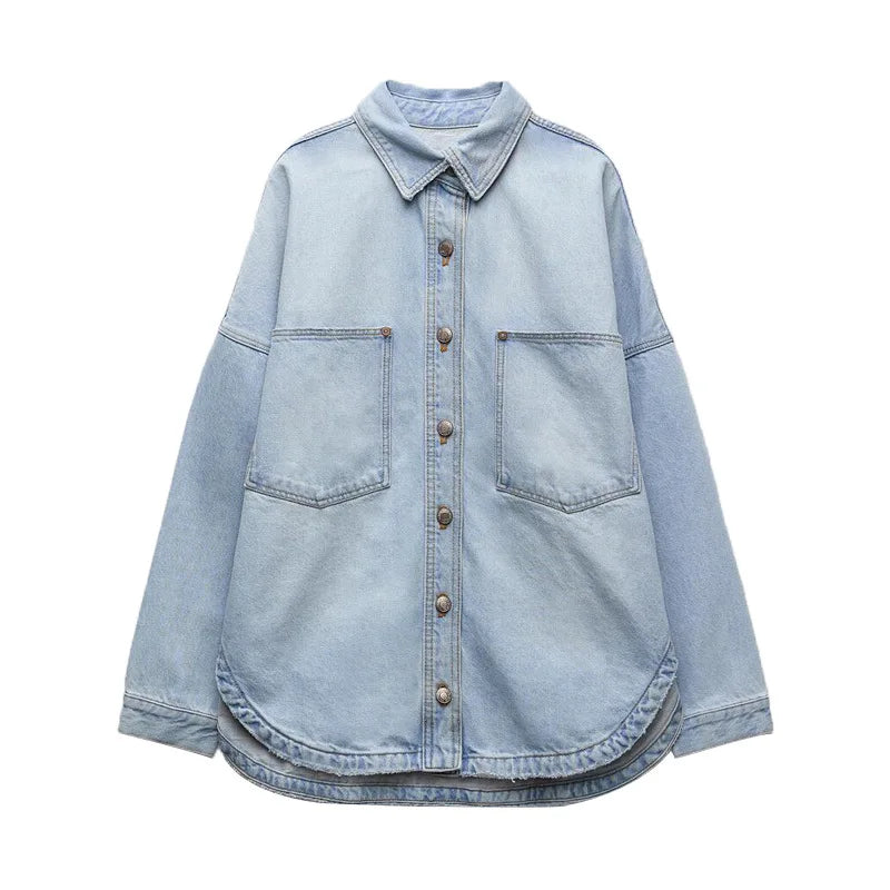 Women's Vintage Denim Shirt Loose Large Pocket Long Sleeve Button Front