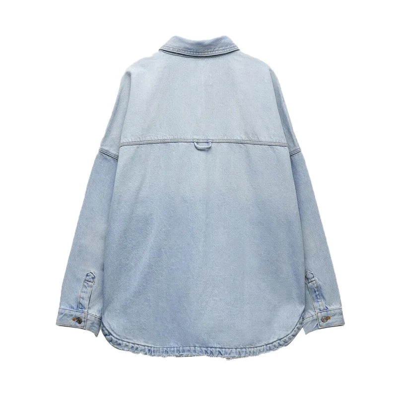 Women's Vintage Denim Shirt Loose Large Pocket Long Sleeve Button Front