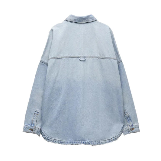 Women's Vintage Denim Shirt Loose Large Pocket Long Sleeve Button Front