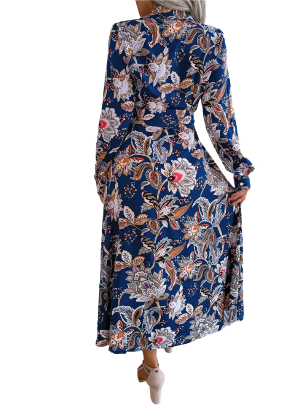 Women's Floral Printed Button Front Long Sleeve Midi Dress