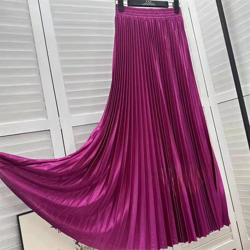 Women's Solid Colour Pleated Elastic Waist Maxi Skirt