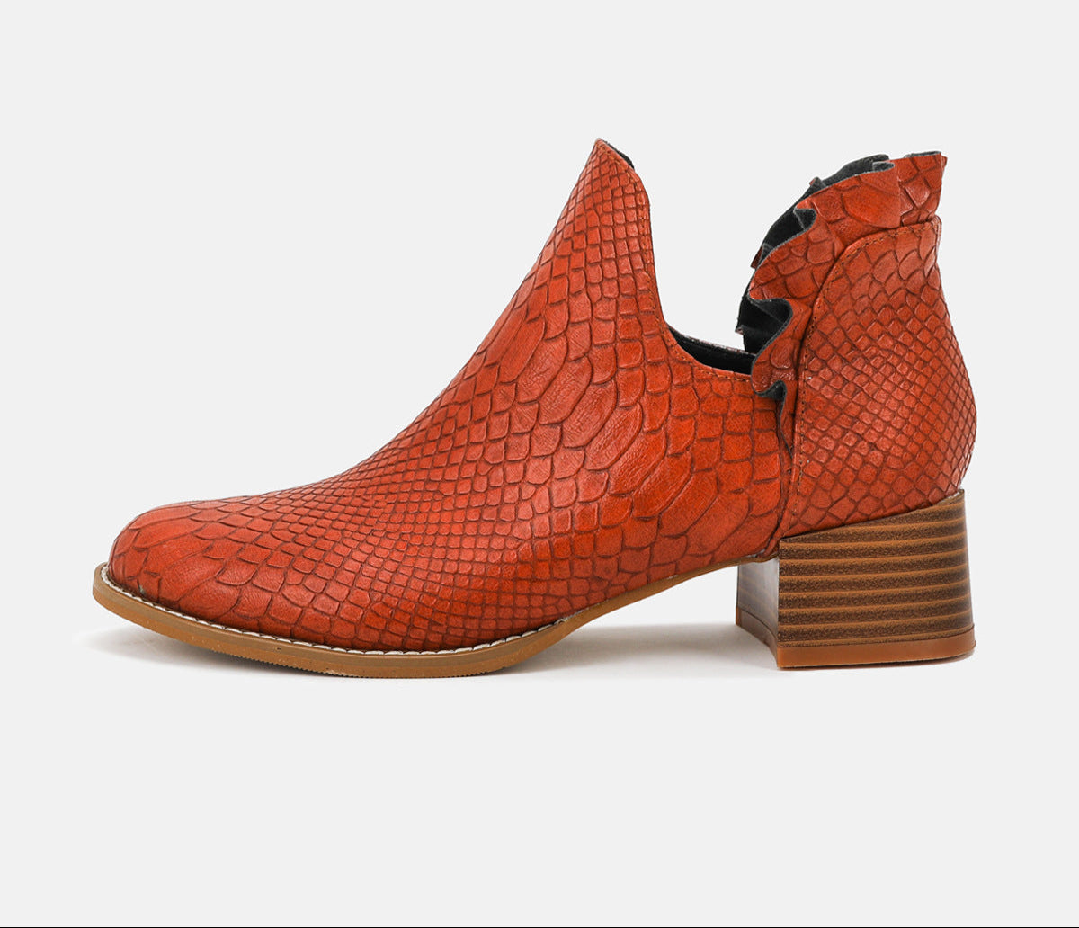 Women's Snakeskin Ankle Boots Round Toe Heavy Low Heel Pull-On Shoes Footwear Fashion