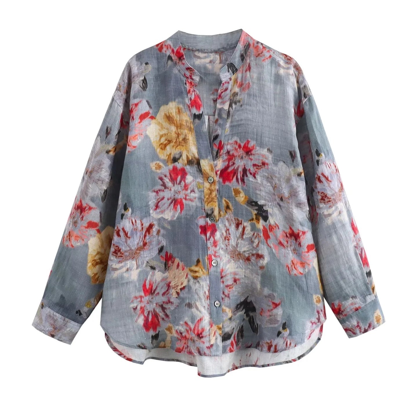 Women's Floral Print Linen Style V Neck Loose Blouse