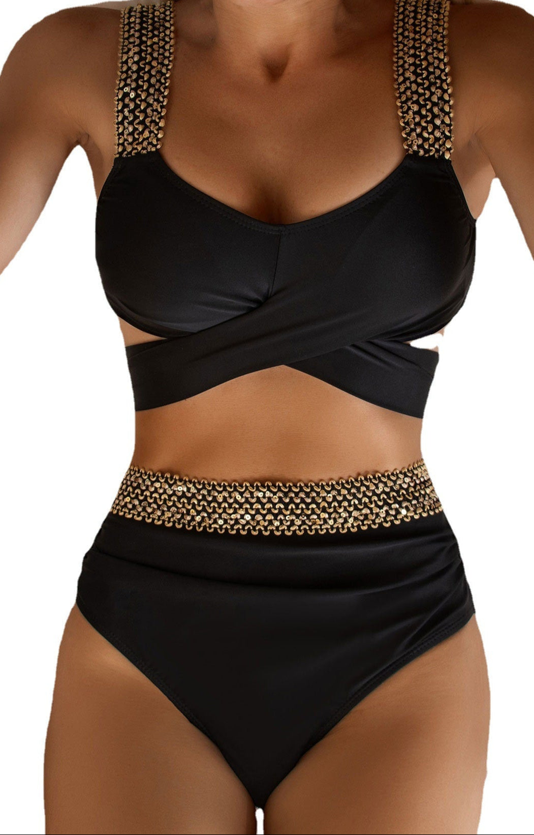 Women's Black Gold Sequins Trim Straps Wrap Bikini