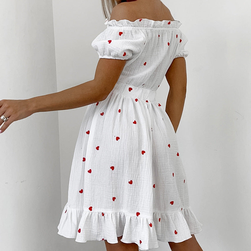 Women's Love Heart Print Off Shoulder Button Front Short Dress