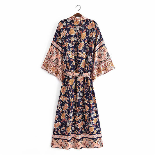 Women's Bohemian Style Navy Peach Flower Print Kimono Robe