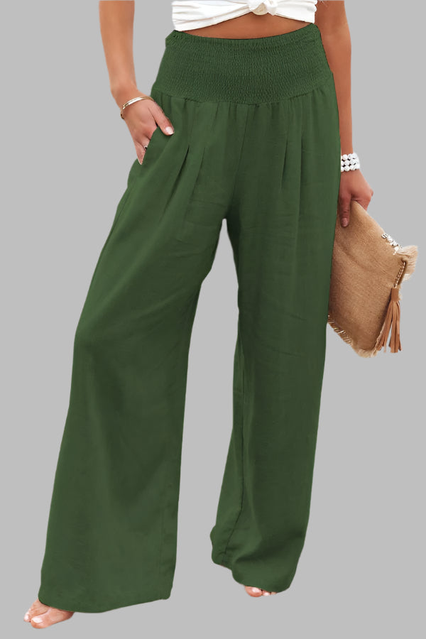 Women's Bohemian Linen Loose Wide Leg Elastic Waist with Pockets Trousers