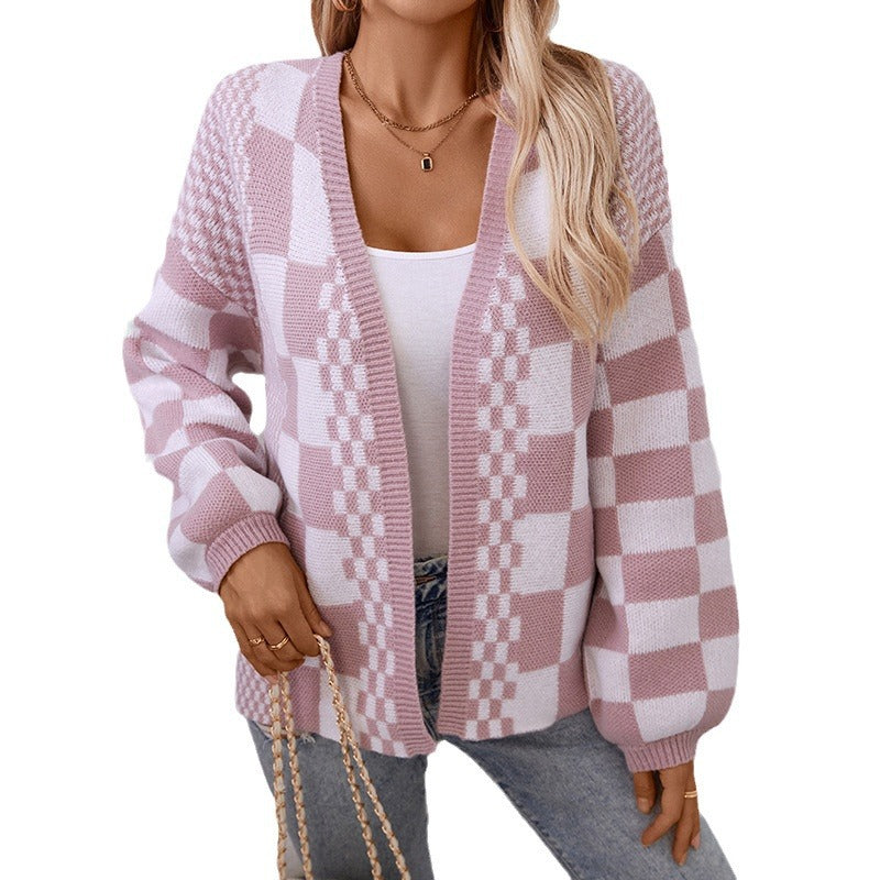 Women's Square Design Cardigan Long Sleeve Button Front Knitwear Casual Fashion