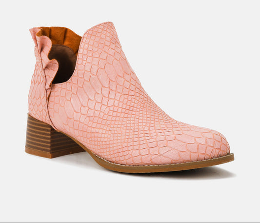 Women's Snakeskin Ankle Boots Round Toe Heavy Low Heel Pull-On Shoes Footwear Fashion