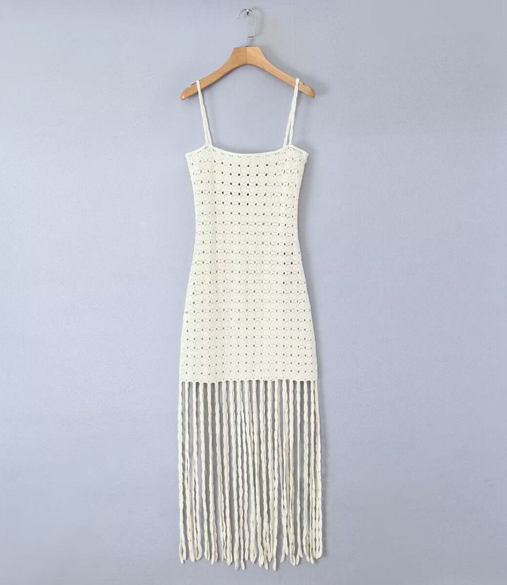 Women's Bohemian Crochet Knit Spaghetti Strap Tassel Edge Hem Dress