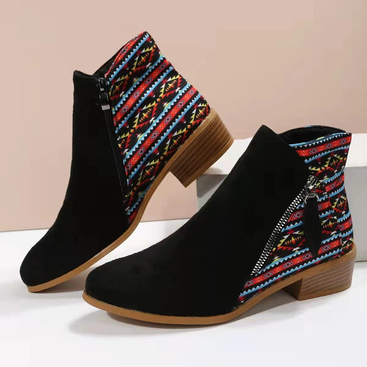 Women's Suede Ankle Boots Short Thick Heel Side Zipper