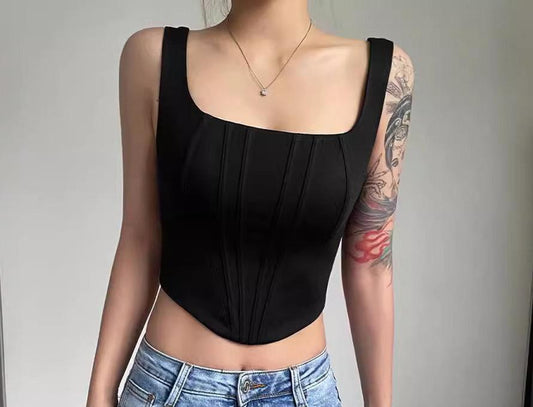Women's Solid Colour Sexy Crop Corset Style Top Square Neck Fitted Short Vest
