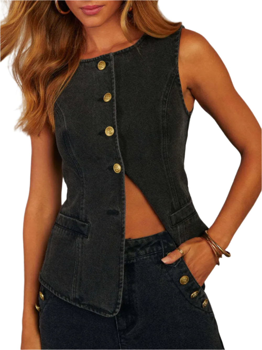 Women's Denim Button Front Sleeveless Top