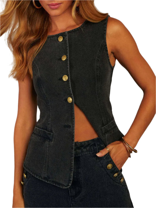 Women's Denim Button Front Sleeveless Top