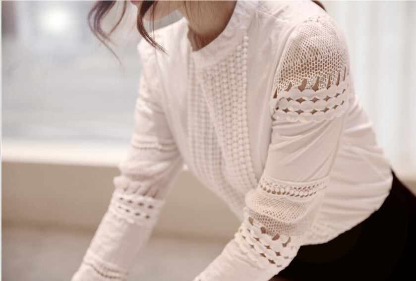 Women's Textured Cut Out Blouse Long Sleeve White Shirt Lace Hook Size S-5XL