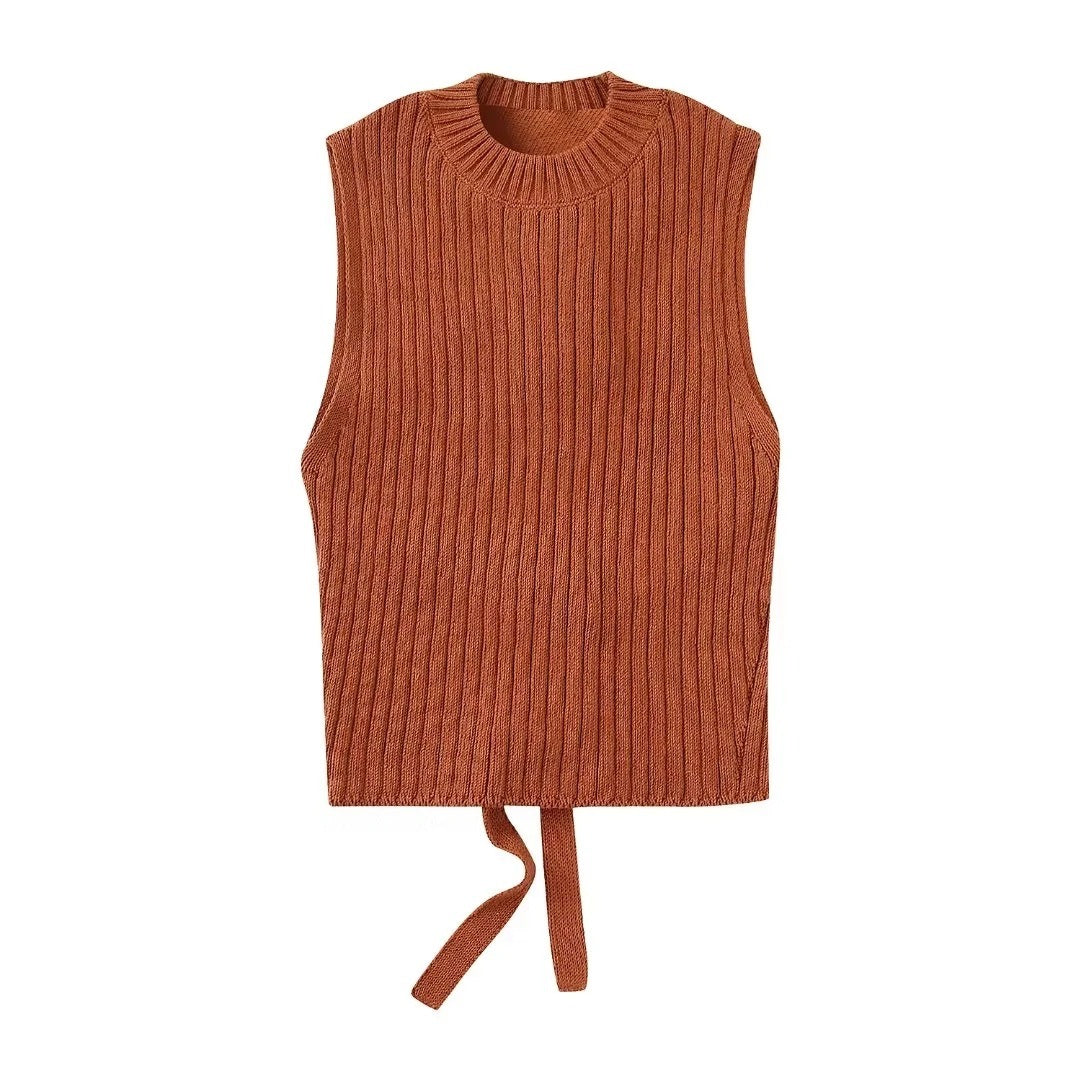 Women's Terracotta Ribbed Open Back Tie Knit Top