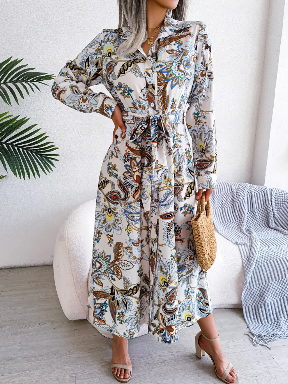Women's Floral Printed Button Front Long Sleeve Midi Dress