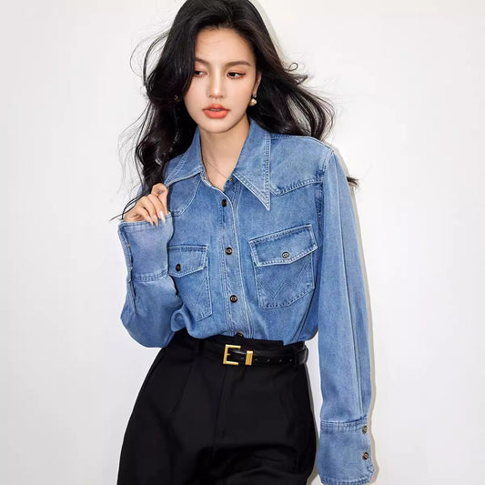 Women's Retro Denim Shirt Button Front Pockets Cowboy Style Blouse