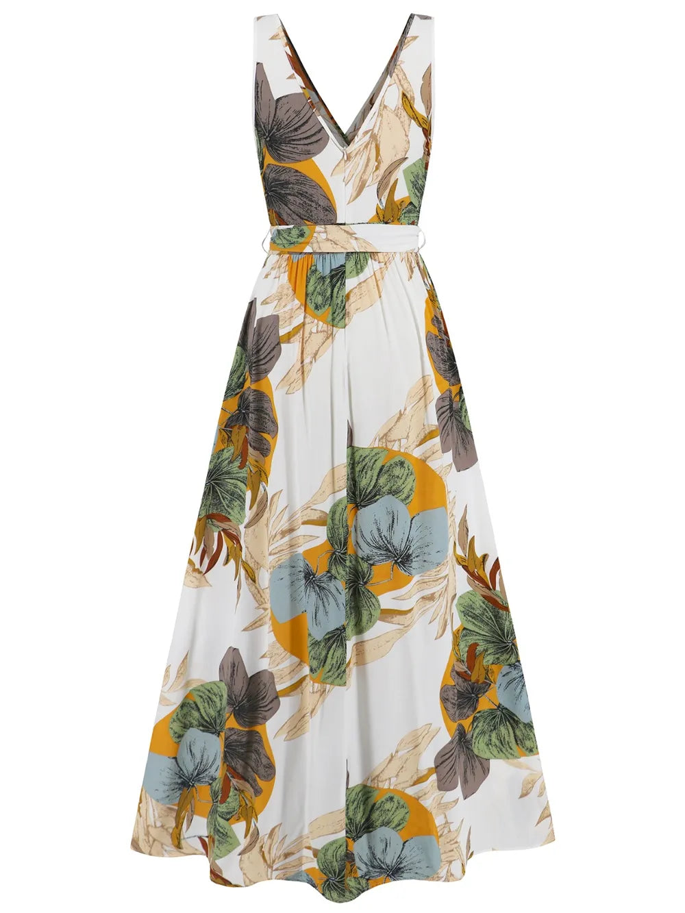 Women's Floral Print V Neck Tie Waist Split Leg Maxi Dress