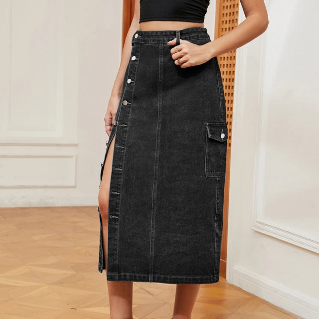 Women's Denim Skirt Side Button Pocket Detail Split Leg