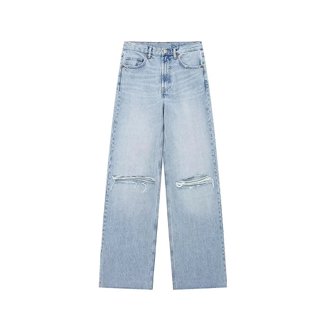 Women's Frayed Hem Ripped Wide Leg Jeans