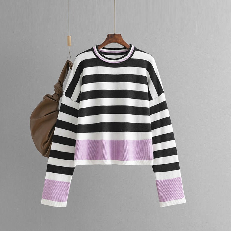 Women's Striped Long Sleeved Round Neck Knitted Sweater Jumper