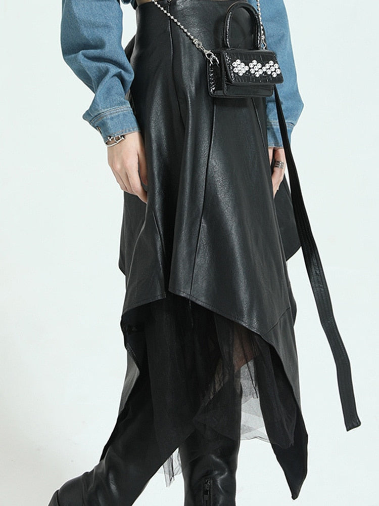 Women's PU Leather Patchwork Mesh High Waist Long Skirt