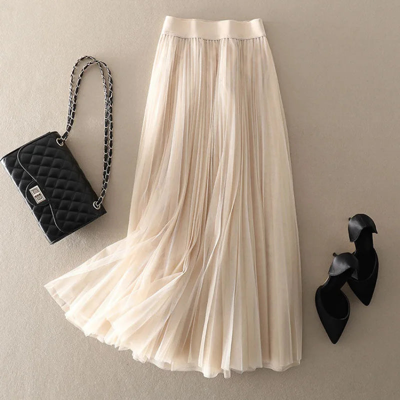 Women's Bohemian Style Mesh Pleated Midi Skirt