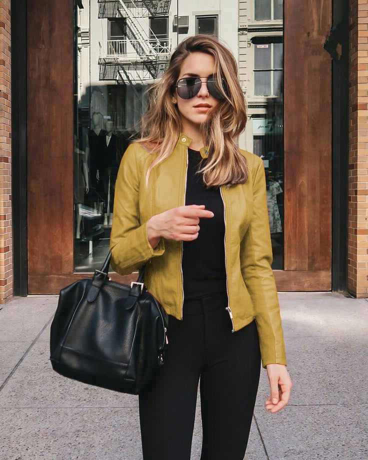 Women's Basic Faux Leather Jacket Long Sleeve Zip Front Straight Collar
