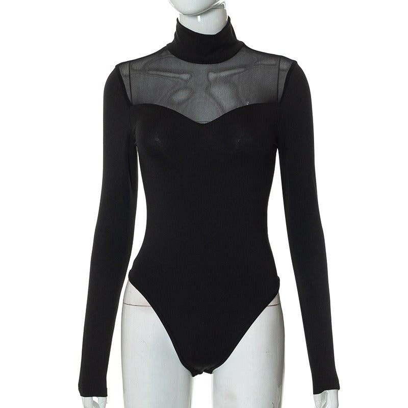 Women's Solid Colour Mesh Bodysuit Long Sleeve High Neck Slim Fitted Top