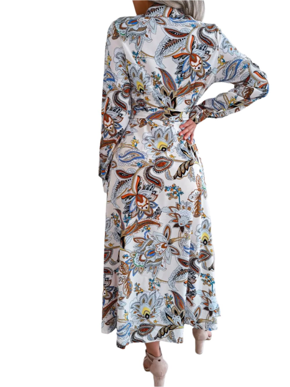 Women's Floral Printed Button Front Long Sleeve Midi Dress